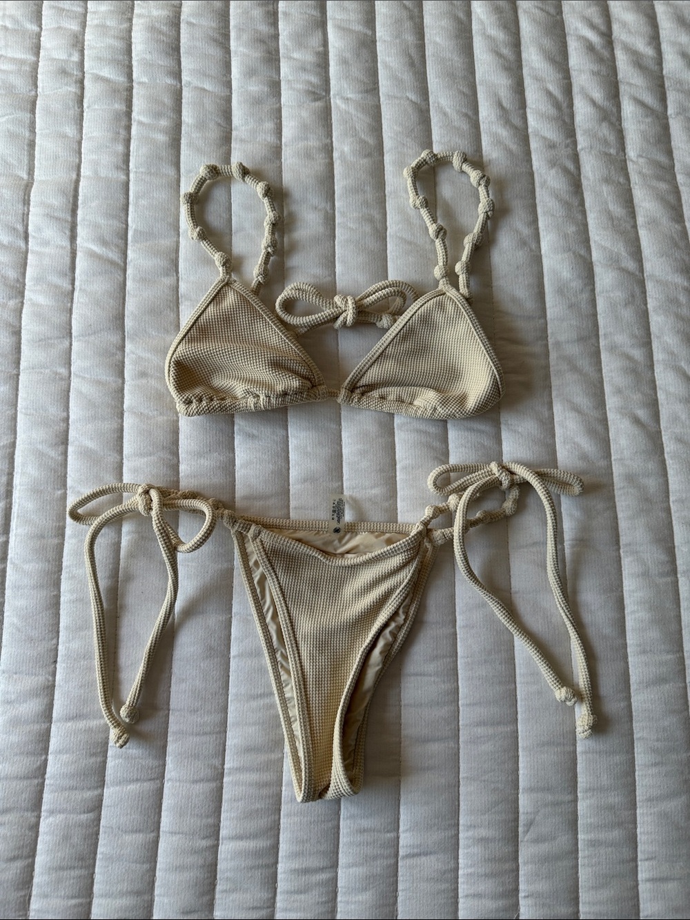 Beige Ribbed Tie-Strap Bikini Set